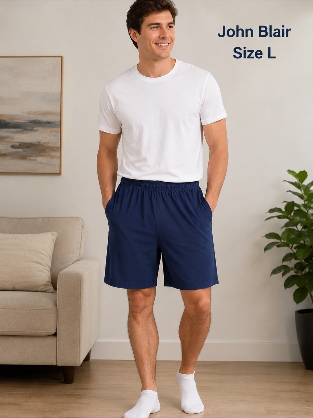 John Blair Men's Navy Blue Elastic Waist Lounge casual wear comfort Shorts /L